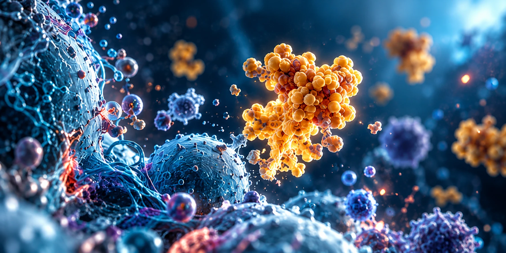 Scientific illustration of cells and molecular clusters in a cellular environment