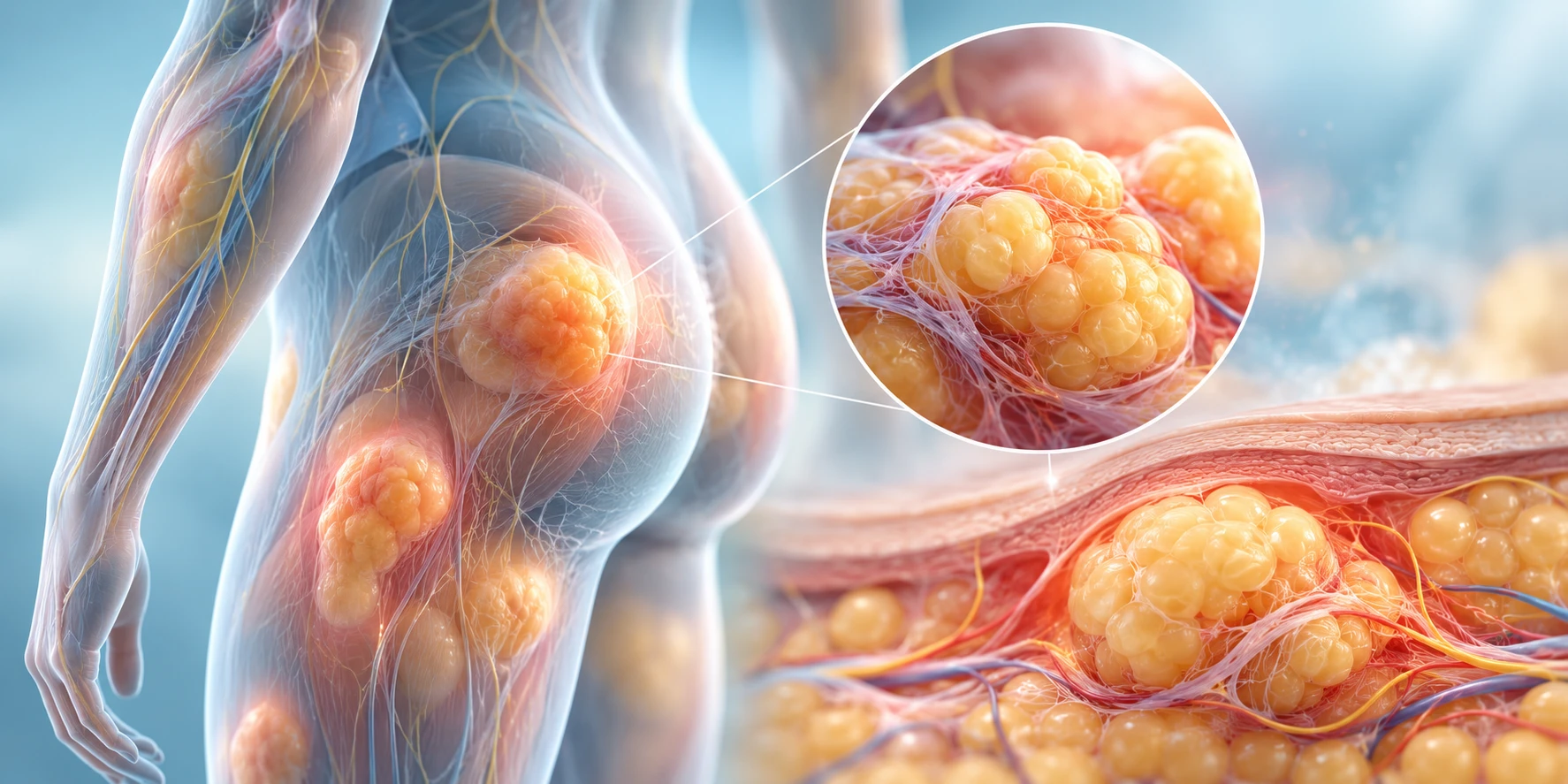 Illustration showing fatty lumps in the arm, hip, buttock and thigh, with a magnified view of a cluster of fat lobules beneath the skin