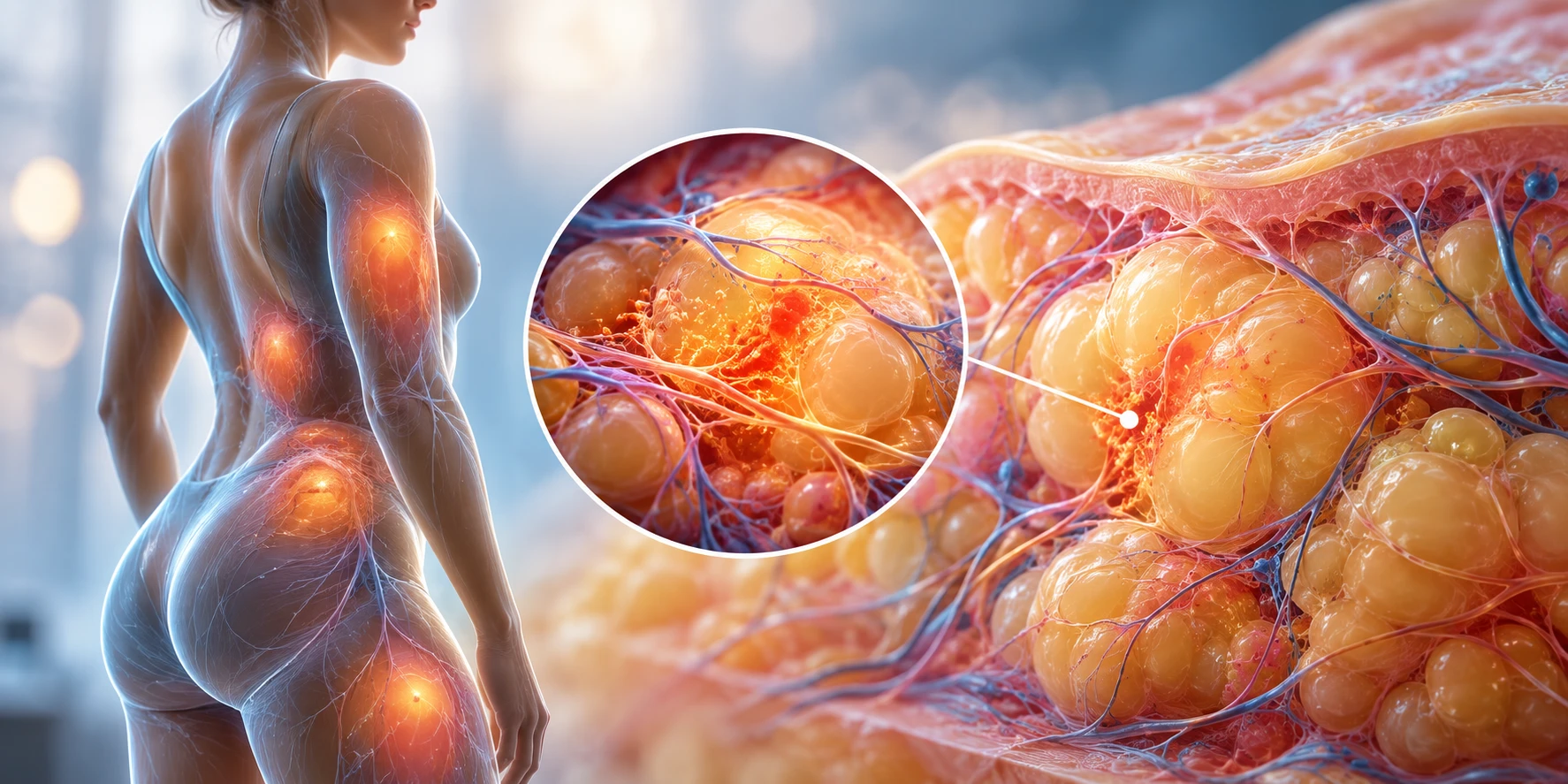 Illustration showing painful areas in subcutaneous fat, with a magnified view of inflamed tissue threaded with fine nerve fibres