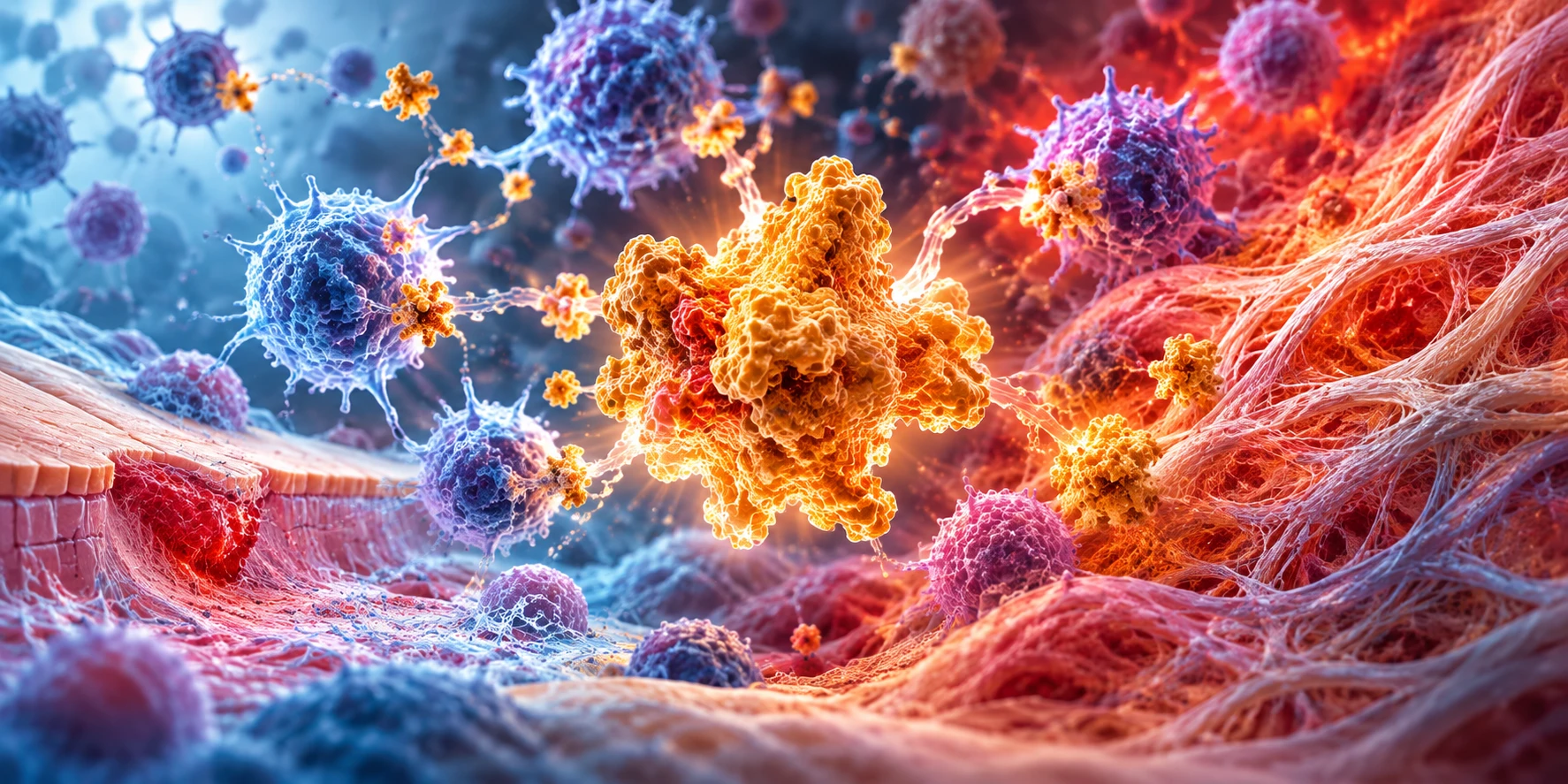 Scientific illustration of Galectin-3 clusters among immune cells and fibrous tissue