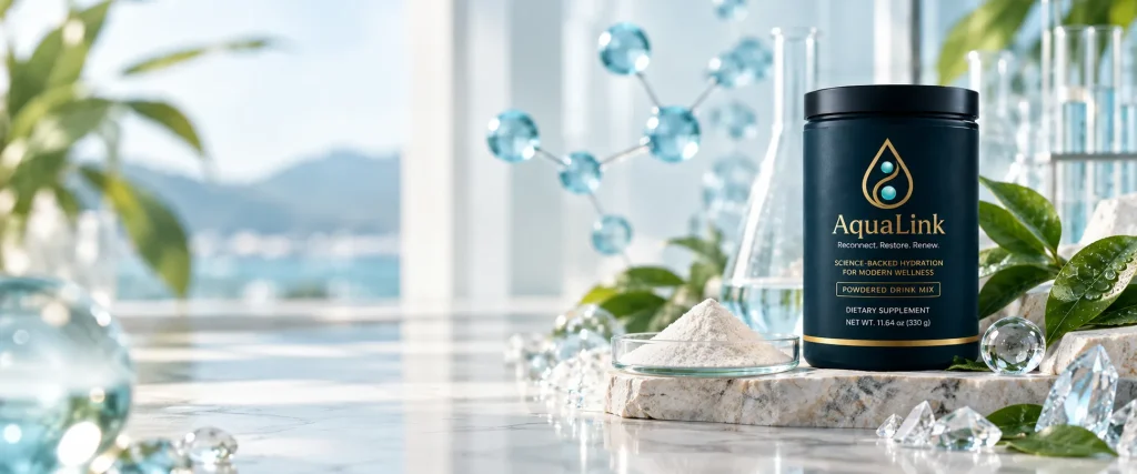 A softly lit laboratory bench with glassware and the AquaLink tub