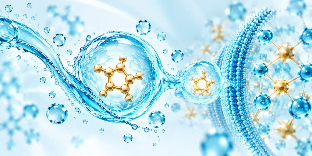 Illustration of gold ring-shaped molecules held inside spheres of water, beside a coiled blue strand