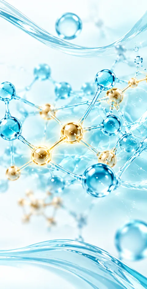 Illustration of a branching molecular network: blue and gold spheres joined by slender bonds, suspended in water