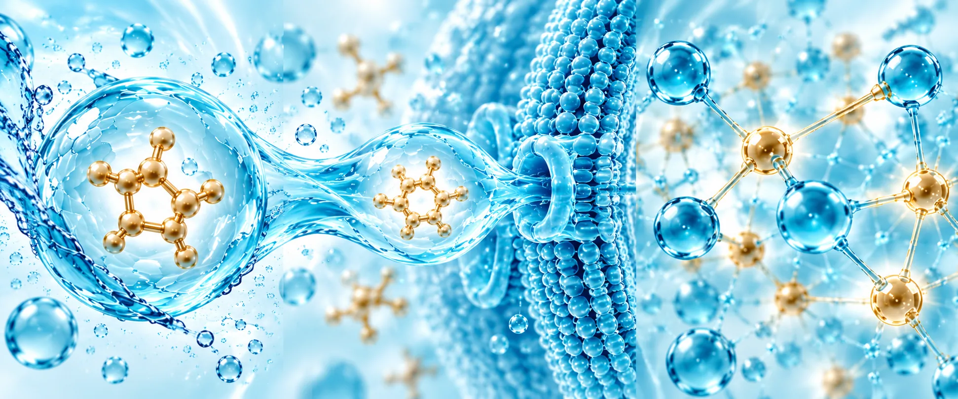 Wide illustration of molecules travelling through water, passing a coiled channel and joining a lattice of linked spheres