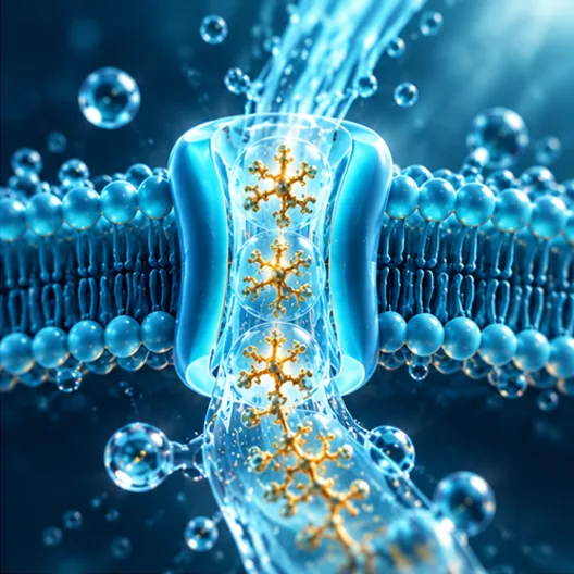 Illustration of the hydration shell moving through a cell membrane channel